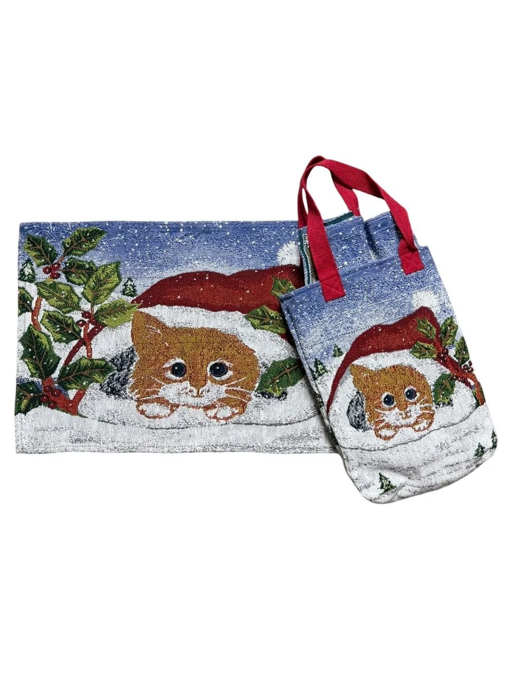 Christmas Placemats with Tote Bag Holiday Tapestry Kitten Cat New